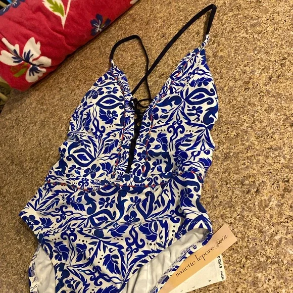 NWT Nanette Lepore Swim 1 One Piece Suit Small Blue White - Picture 1 of 17